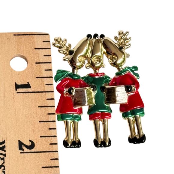 Gold Christmas Brooch Ajc Signed Reindeer Carol Singing Choir Deer Jewelry Vtg - Picture 5 of 6